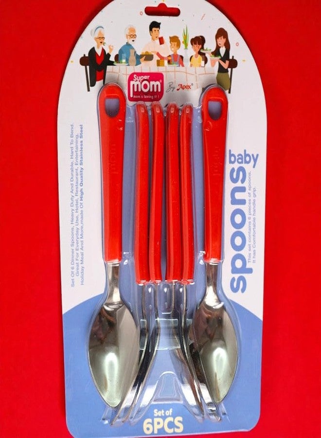 SUPERMOM Spoon Set for Kitchen 6 Pc - Stainless Steel Spoons with Plastic Handle - Baby Feeding & Kids Cutlery - Durable, Rust-Resistant, Dining Spoon Set for Home Kitchen, Dinning & Daily Use (Red) - Image 5
